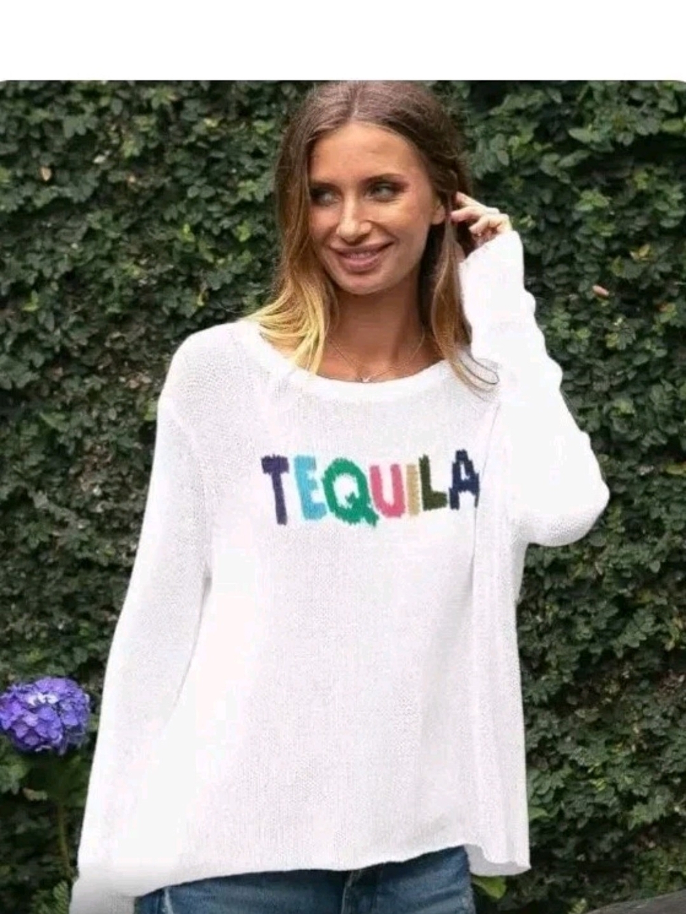Wooden Ships White Knit Sweater with Multicolor 'TEQUILA' Lettering. S/M